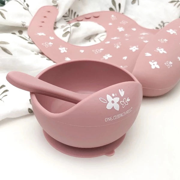 One Chew Three Silicone Scoop Bowl and Spoon set Floral Rose