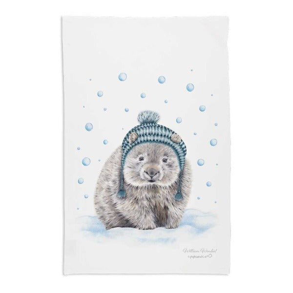 Popcorn Blue Winter Wombat Tea Towel
