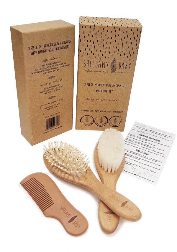 Shellamy Baby 3 Piece Wooden Baby Hairbrush and Comb Set