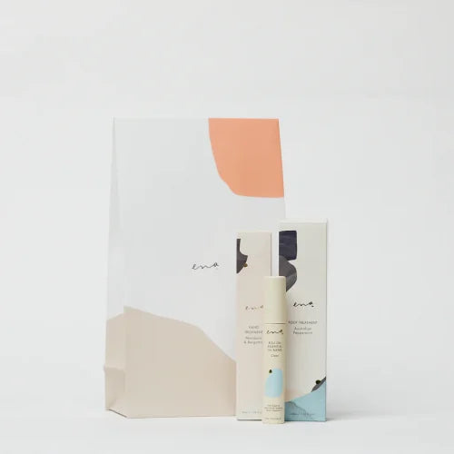 Our beautiful Ena Gift Bag in our stunning signature colours, is a perfect go-to gift for any occasion.  Comprising 3 of our most popular products, your loved one will feel nurtured and cared for.  Hand Treatment - Mandarin &amp; Bergamot 50ml  Foot Treatment - Australian Peppermint 100ml  Clear Essential Oil Roll-On 10ml
