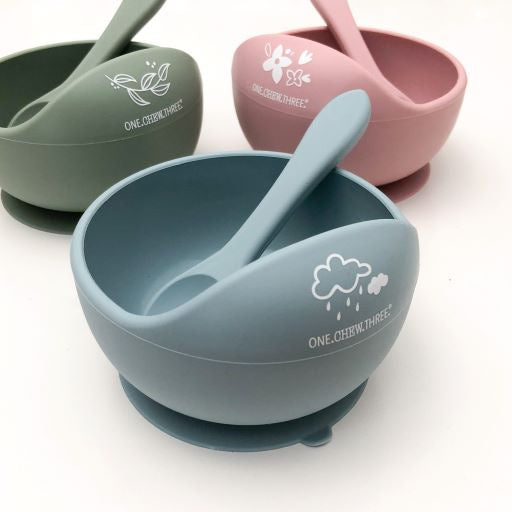 One Chew Three Silicone Scoop Bowl and Spoon set Blue Clouds