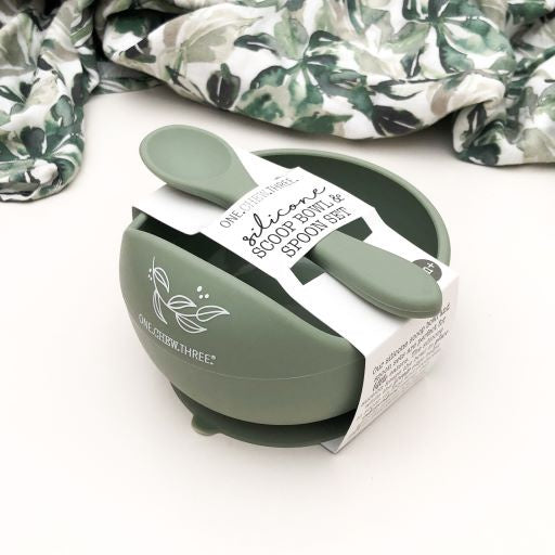 One Chew Three Silicone Scoop Bowl and Spoon set Sage Foliage