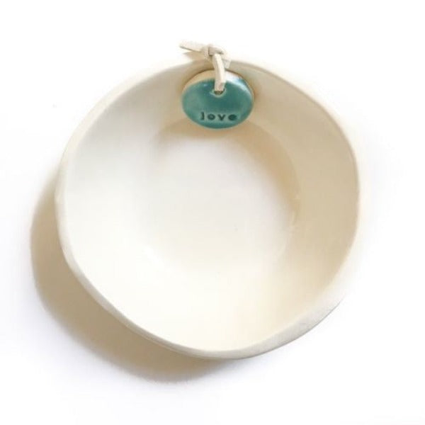 Caroline C Little Bowl Cream Aqua Tag ‘Love’
