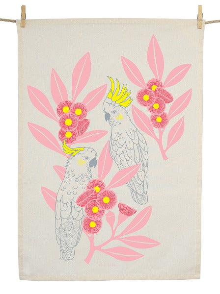 Earth Greetings Tea Towel Silver Gum Cockatoos