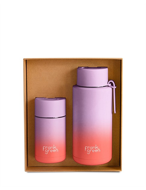 Frank Green The Essentials Gift Set Gradient Lilac Haze/ Living Coral 12oz Ceramic Reusable Cup + 34oz Reusable Bottle (Straw lid)