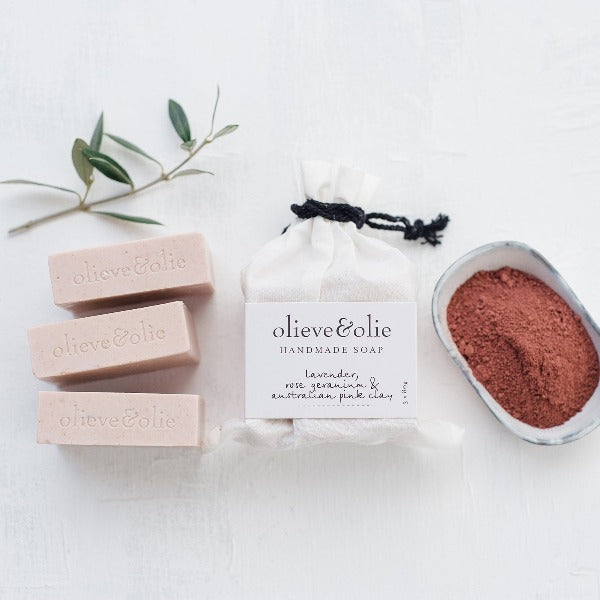 Olieve &amp; Olie 3 Pack Soap Lavender, Rose Geranium &amp; Australian Pink Clay