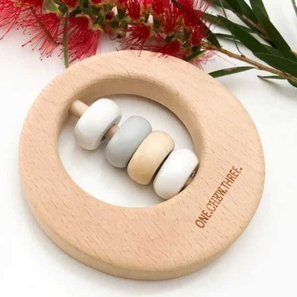 One Chew Three Premium Beech Wood Rattle Teether Natural White