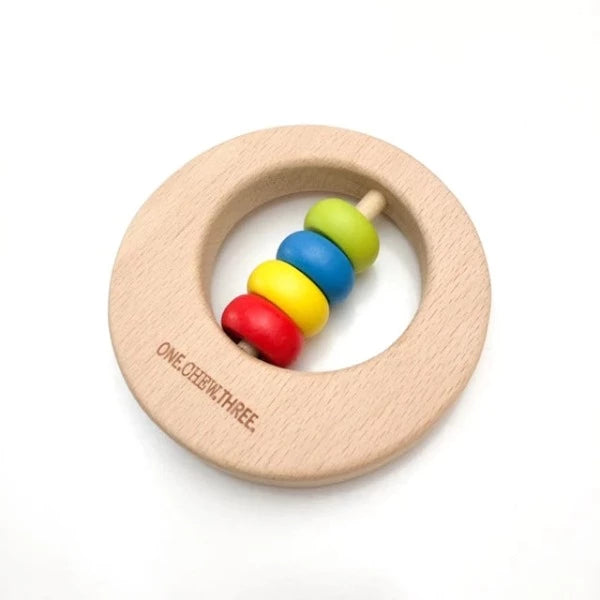 One Chew Three Premium Beech Wood Rattle Teether Rainbow Bright