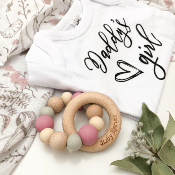 One Chew Three Silicone and Beech Wood Teether Dusky Rose