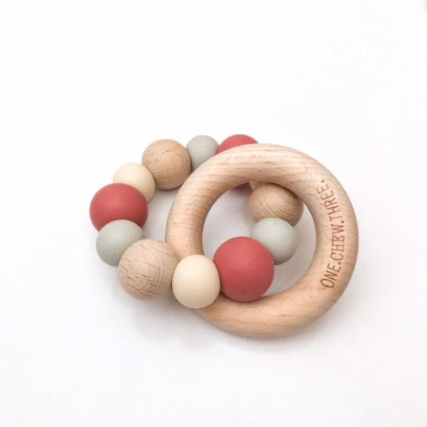 One Chew Three Silicone and Beech Wood Teether Mulberry
