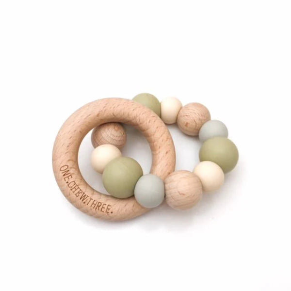 One Chew Three Silicone and Beech Wood Teether Pale Olive