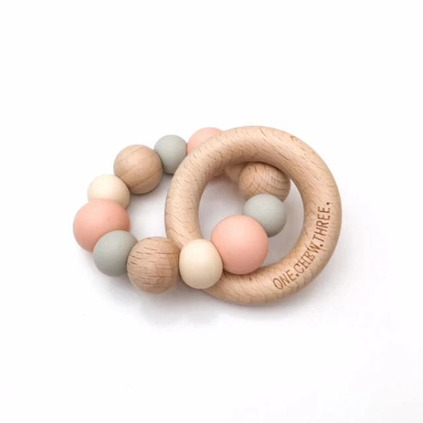 One Chew Three Silicone and Beech Wood Teether Peach
