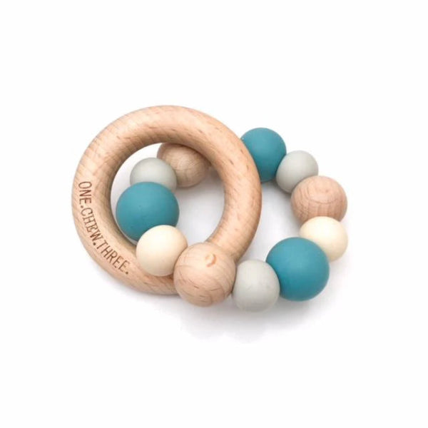 One Chew Three Silicone and Beech Wood Teether Teal