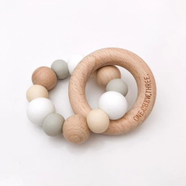One Chew Three Silicone and Beech Wood Teether White