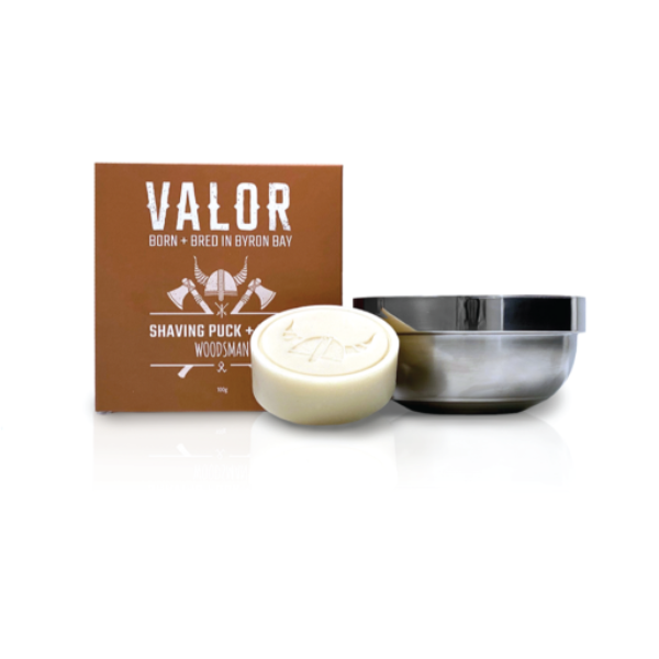 Valor Shaving Soap Puck + Steel Bowl Woodsman Scent
