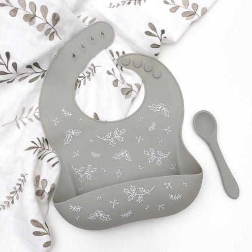 One Chew Three Silicone Catch Bib & Spoon Set Limited Christmas Edition Silver Sage