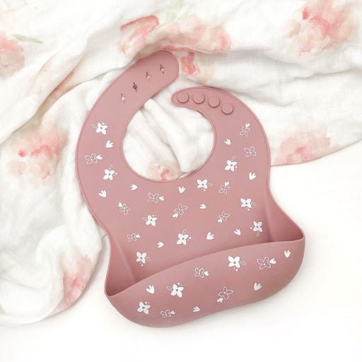 One Chew Three Silicone Catch Bib Floral Rose