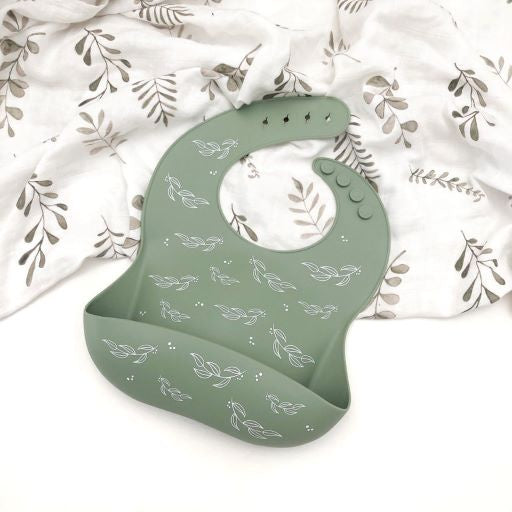 One Chew Three Silicone Catch Bib Sage Foliage