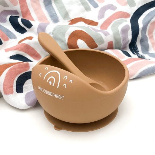 One Chew Three Silicone Scoop Bowl and Spoon set Caramel rainbows